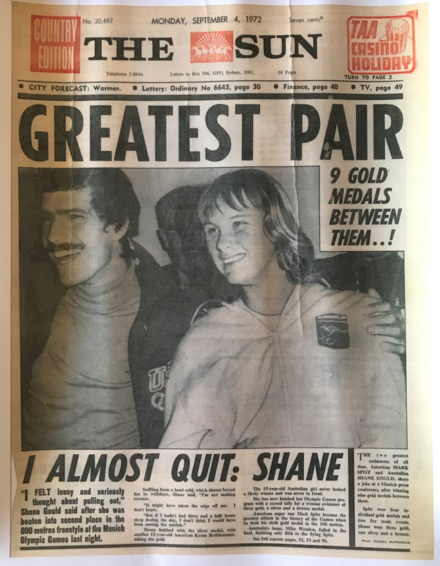 Russ McPhedran’s photo of Mark Spitz and Shane Gould, as it appeared in The Sun. From McPhedran’s private collection.